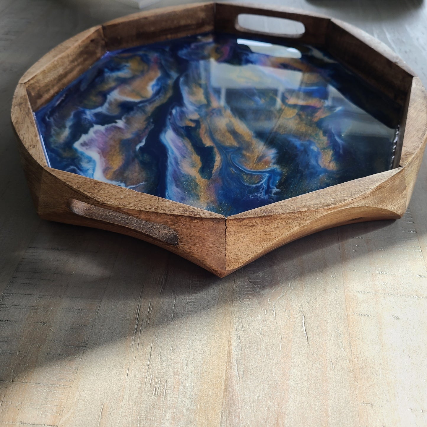 Unusual Octogen Shaped Serving Tray, Blues, Purple, Gold, White