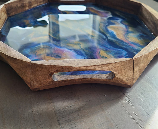 Unusual Octogen Shaped Serving Tray, Blues, Purple, Gold, White