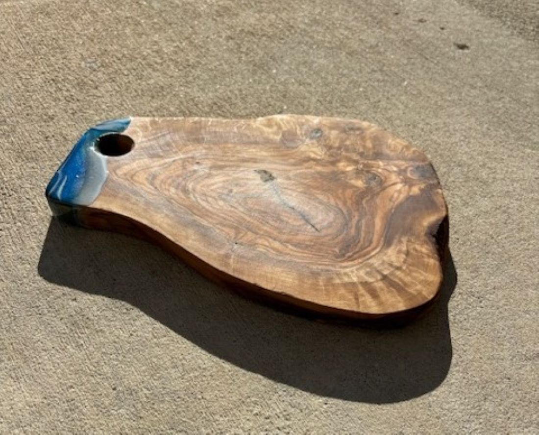 Small Olive Wood Cutting Board, Live Edge, Ocean