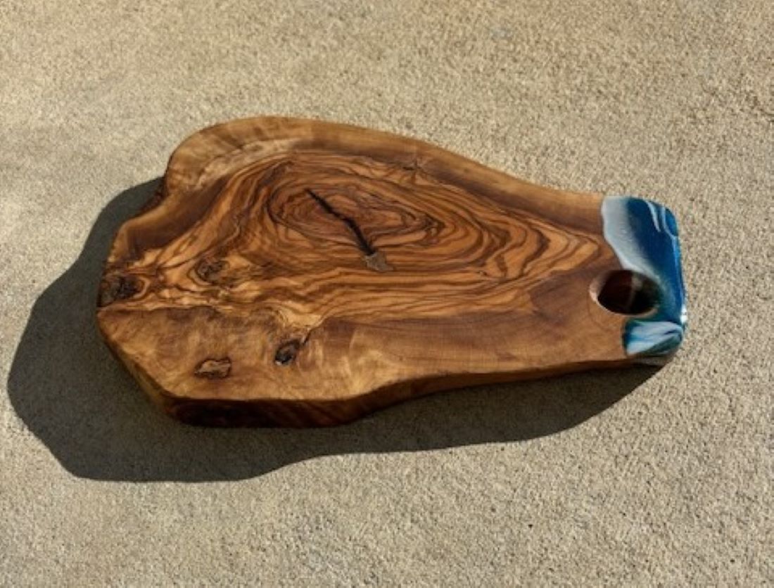 Small Olive Wood Cutting Board, Live Edge, Ocean