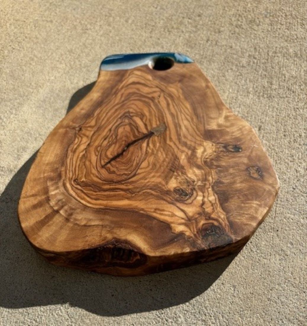 Small Olive Wood Cutting Board, Live Edge, Ocean