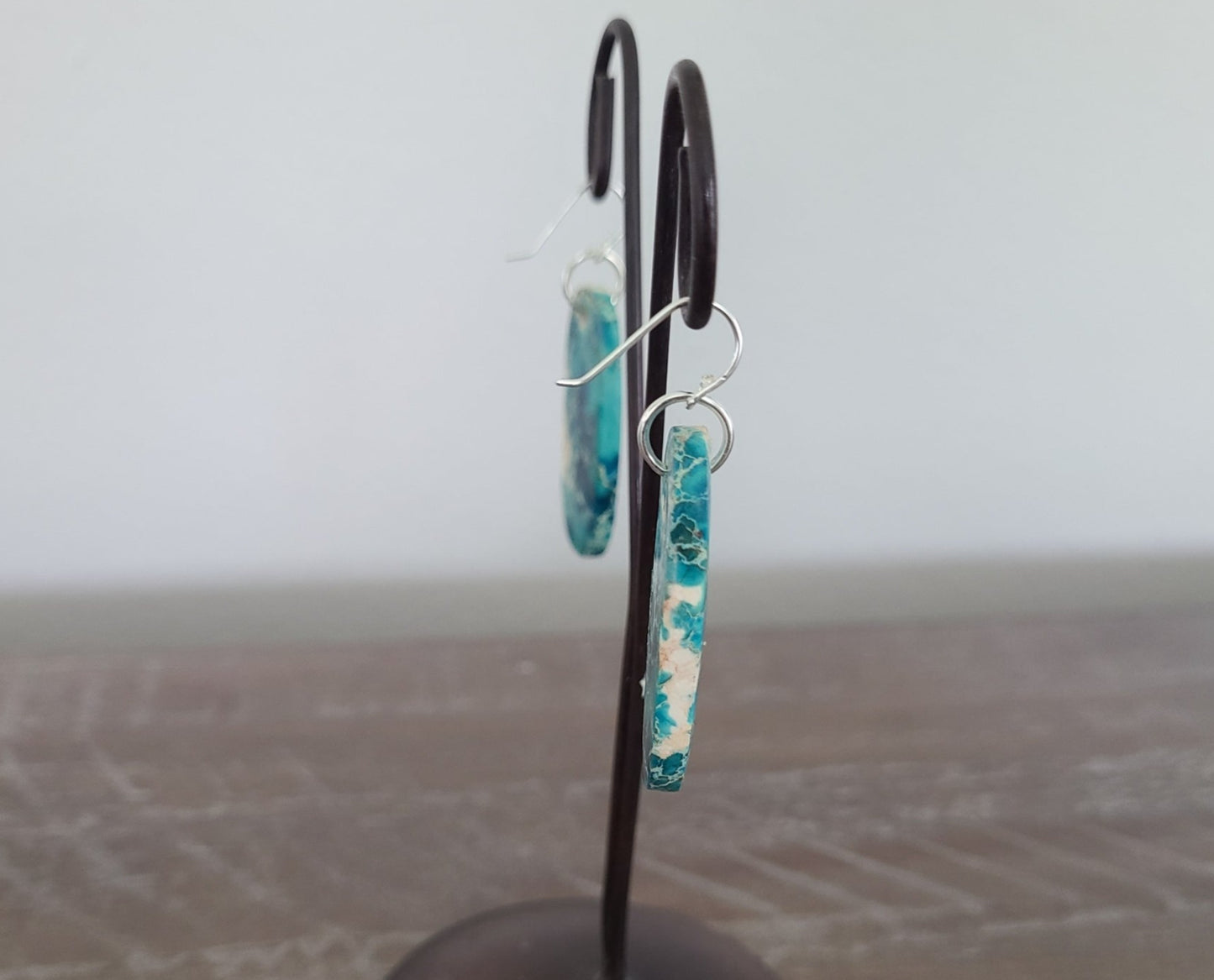 Oblong Shaped Turquoise Slab Dangle Earrings, Sterling