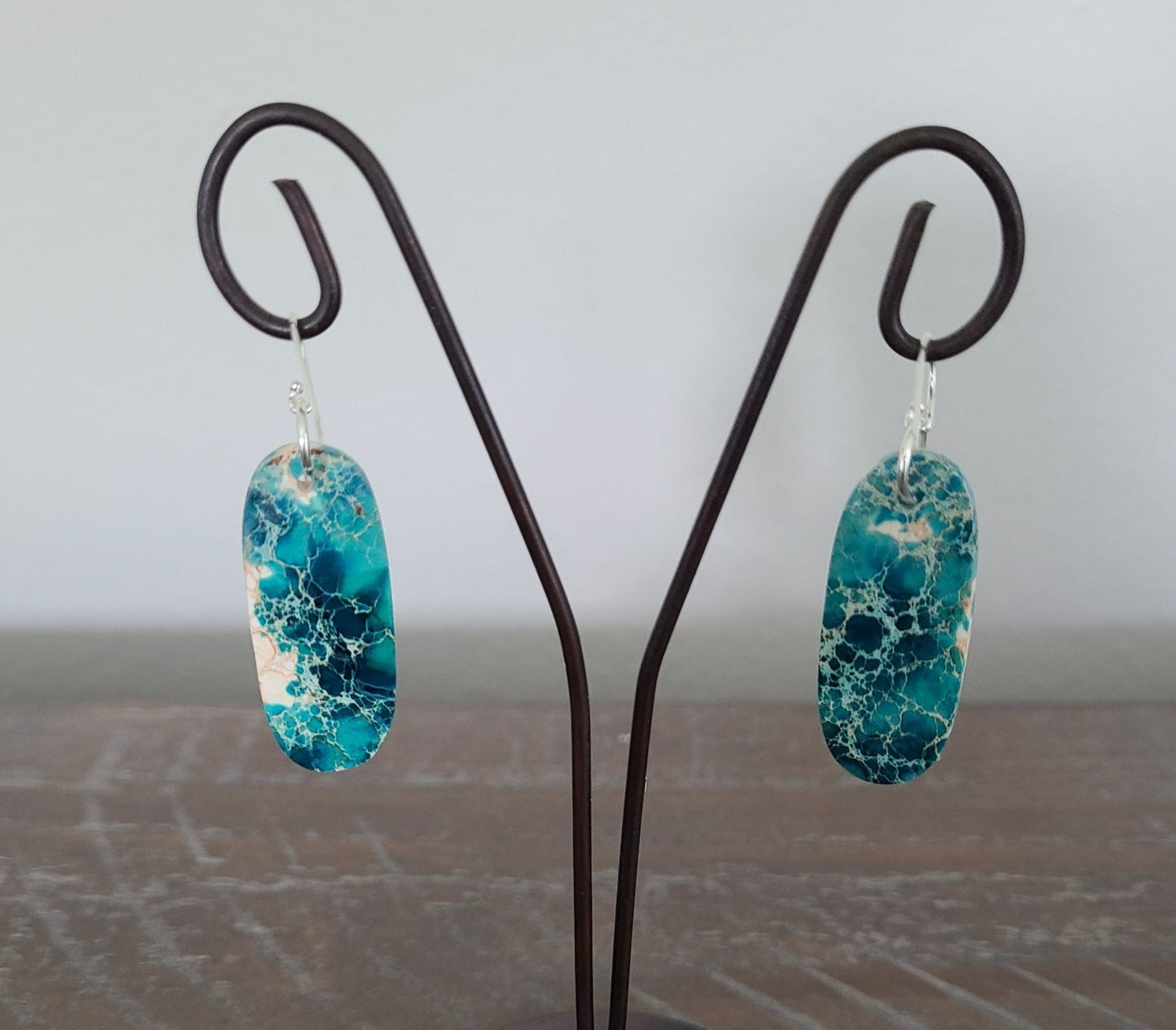 Oblong Shaped Turquoise Slab Dangle Earrings, Sterling