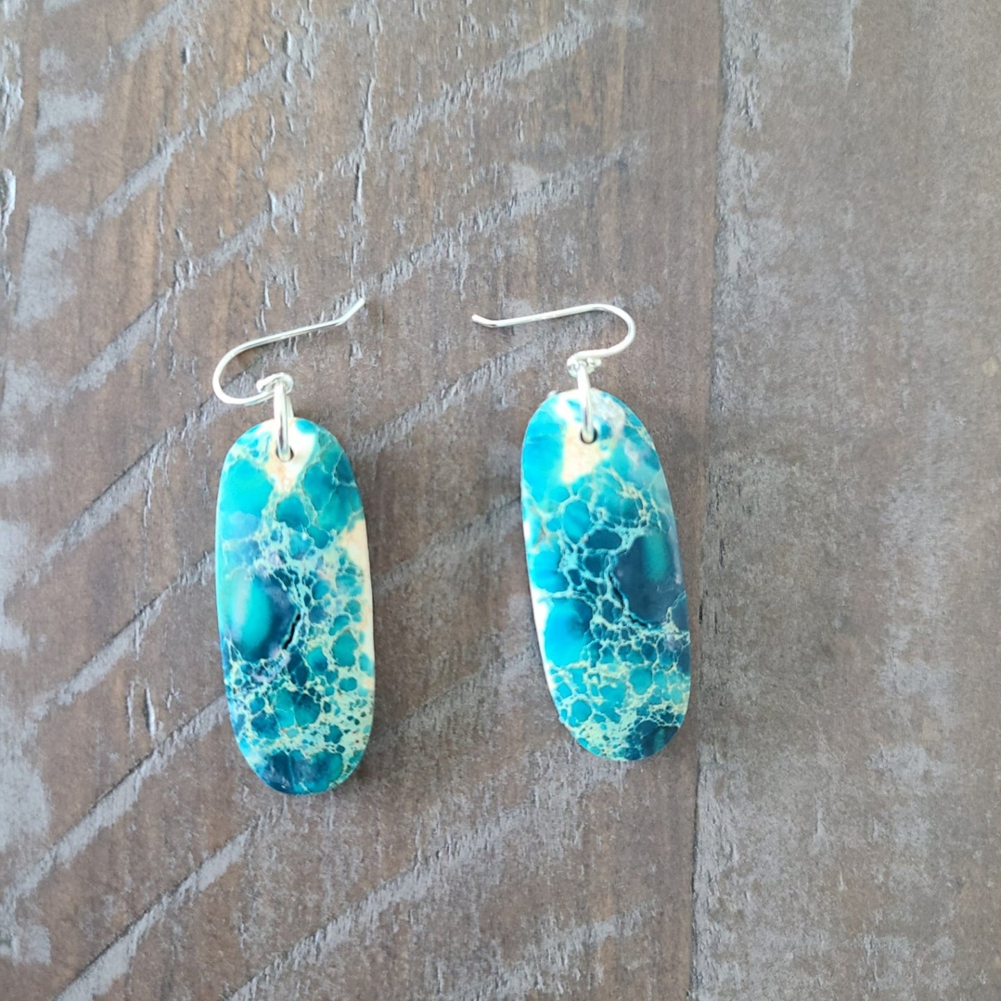 Oblong Shaped Turquoise Slab Dangle Earrings, Sterling