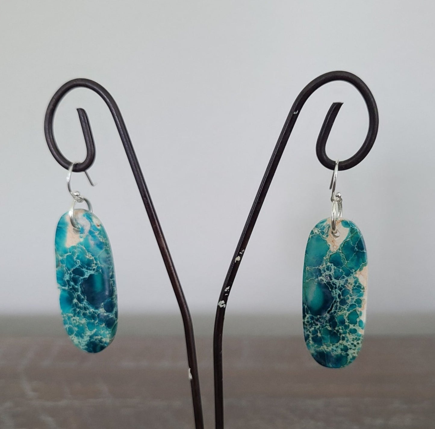 Oblong Shaped Turquoise Slab Dangle Earrings, Sterling