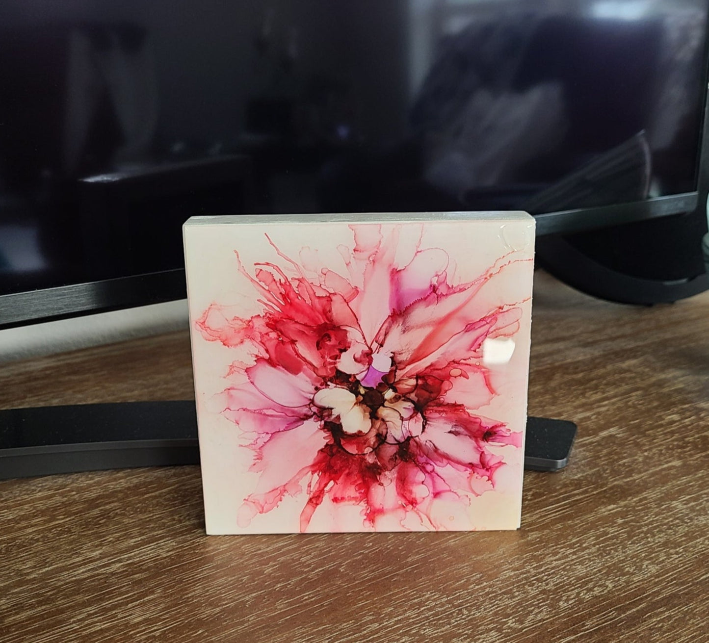 Pink and Purple Frilly Flower Artwork, Alcohol Ink, 5 x 5