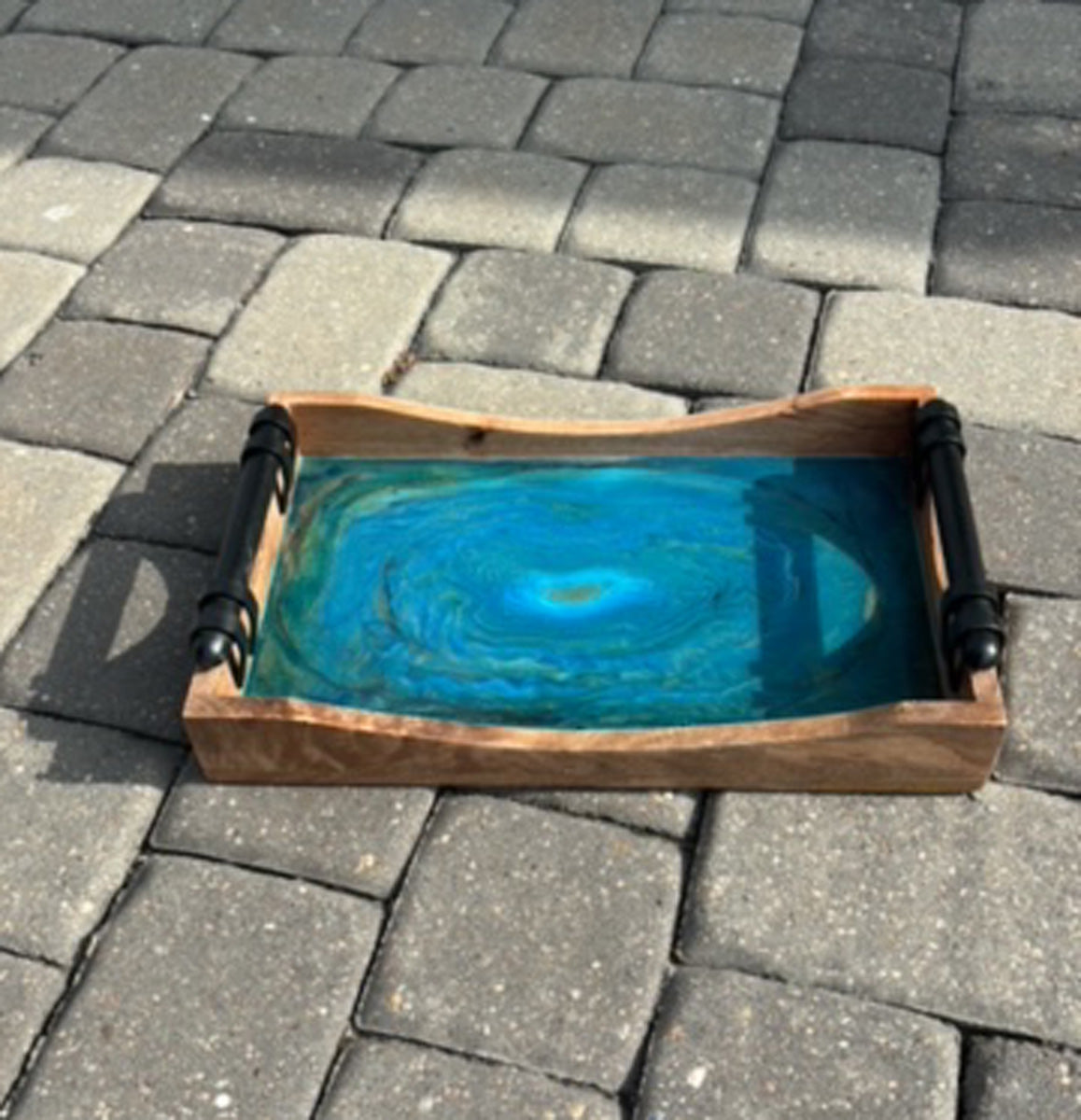 Wood Rectangle Tray With Heavy Metal Handles, Deep Sparkling Circles of Resin