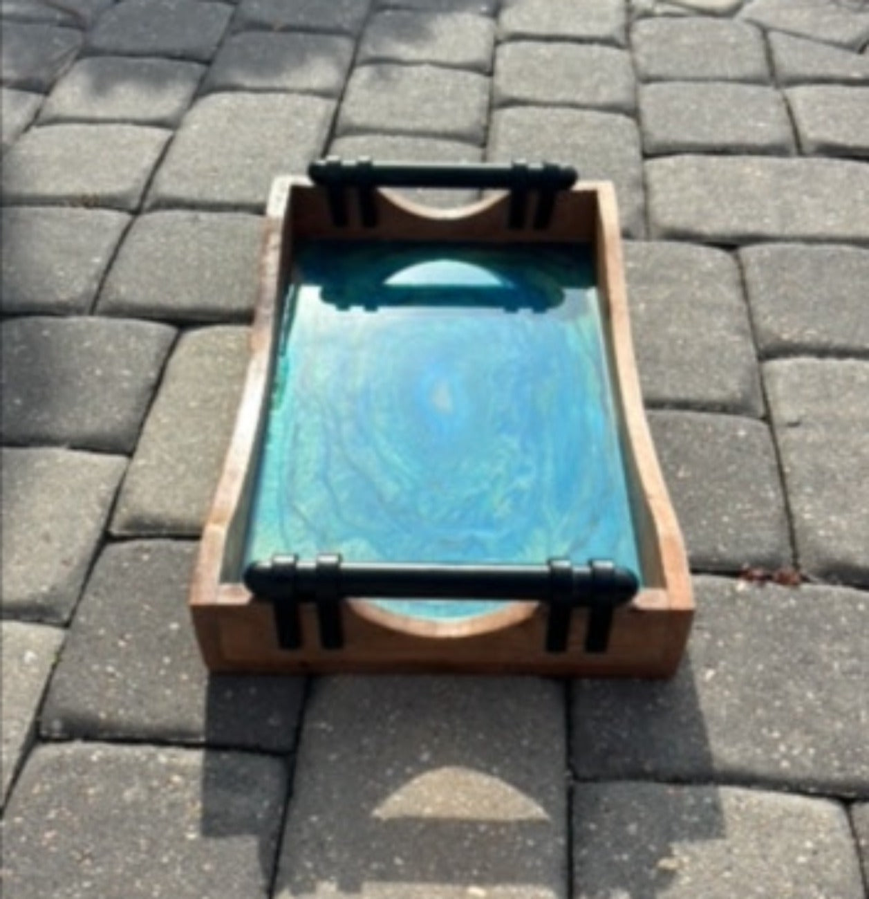 Wood Rectangle Tray With Heavy Metal Handles, Deep Sparkling Circles of Resin