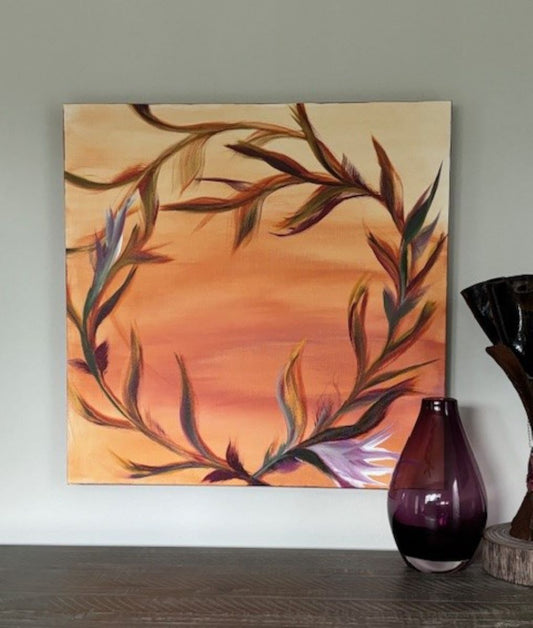 This is an original acrylic paint on canvas. A view of the sunset looking through wispy tropical vines and full blooms. Shades of orange, green, burgundy and gold. It can be hung in any direction. Lightweight. Approximate measurement: 24 x 24 x 1.5 inches Accessories NOT included.