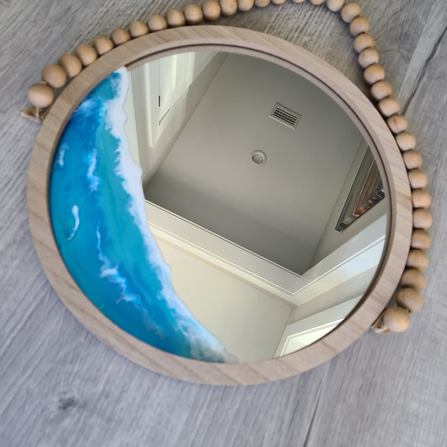 Round Ocean Themed Mirror With Beaded Hanger