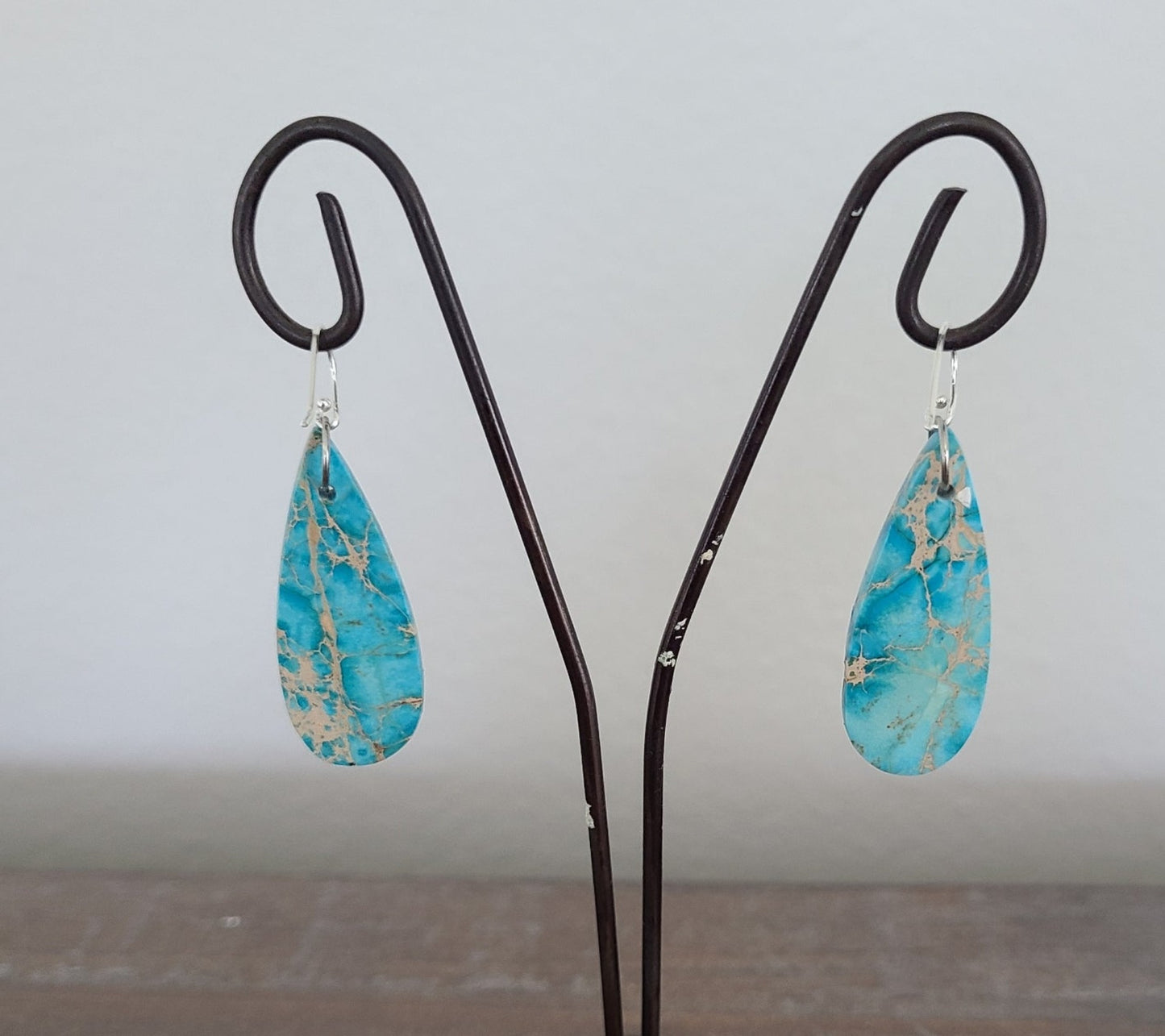 Teardrop Shaped Turquoise Slab Dangle Earrings, Sterling