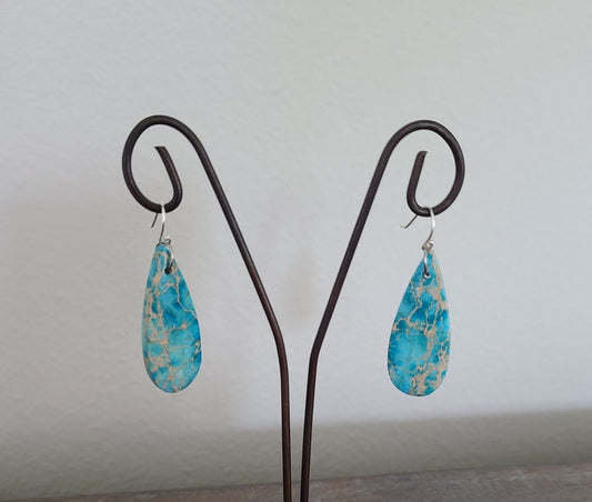 Teardrop Shaped Turquoise Slab Dangle Earrings, Sterling