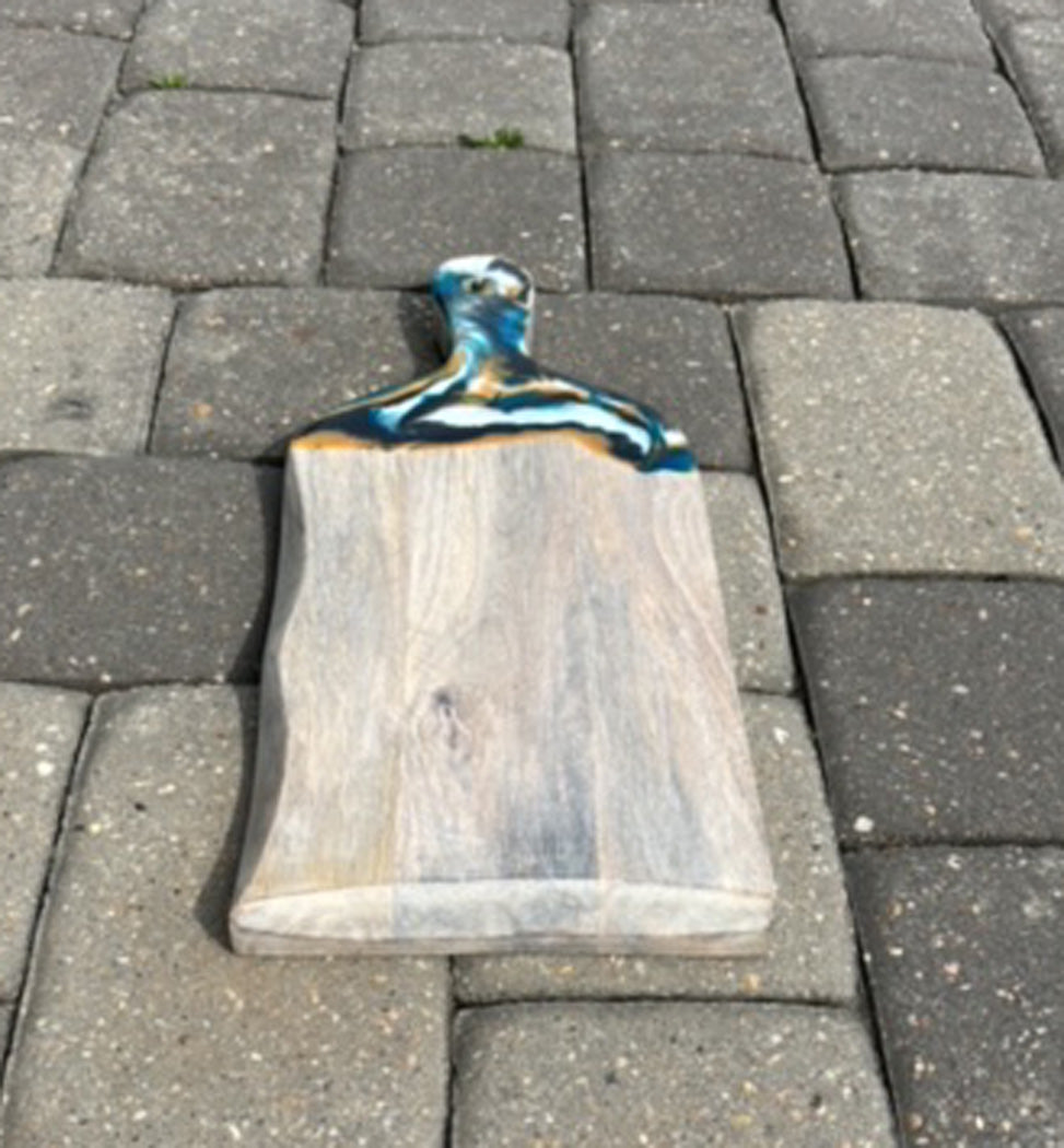 Cutting Board, Light Wood With Wavy Edge, Black, Gold, Turquoise & White Resin