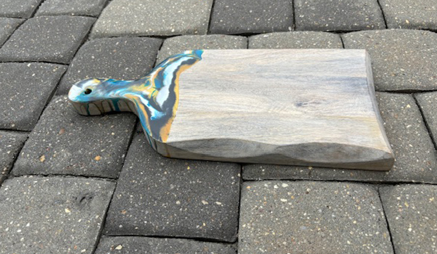 Cutting Board, Light Wood With Wavy Edge, Black, Gold, Turquoise & White Resin