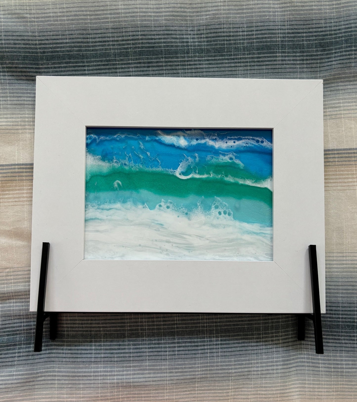 Foamy Ocean in White Frame, Resin on Glass