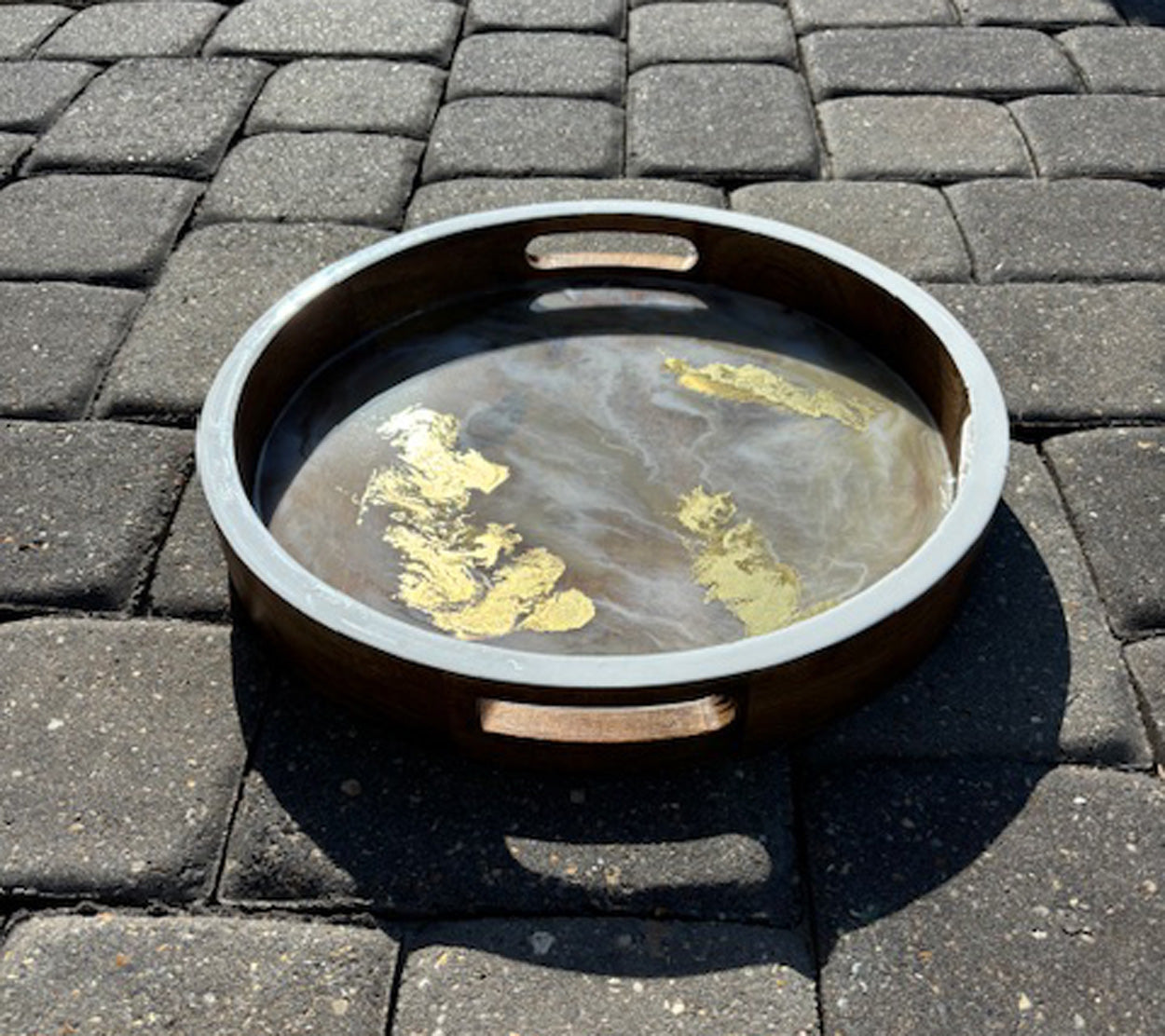 Elegant Round Wood Tray, Soft White and Gold With Floating Gold Resin