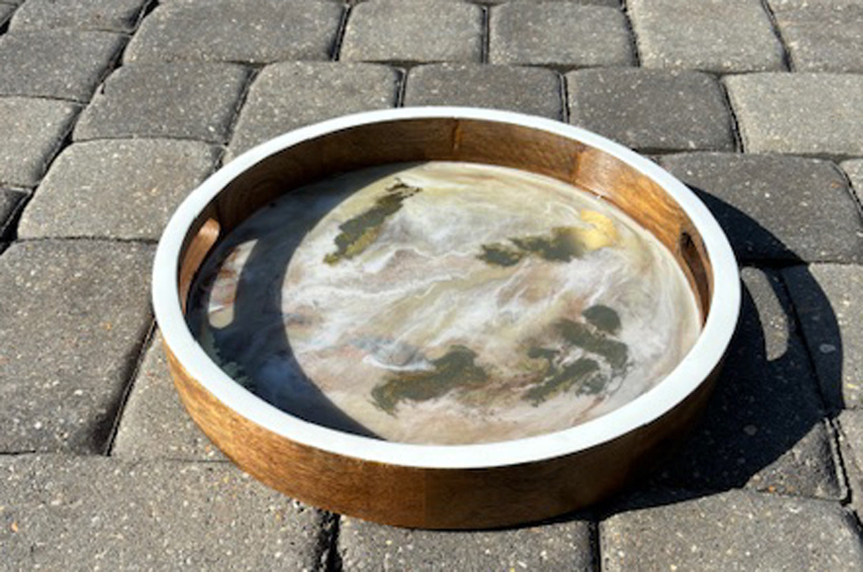 Elegant Round Wood Tray, Soft White and Gold With Floating Gold Resin