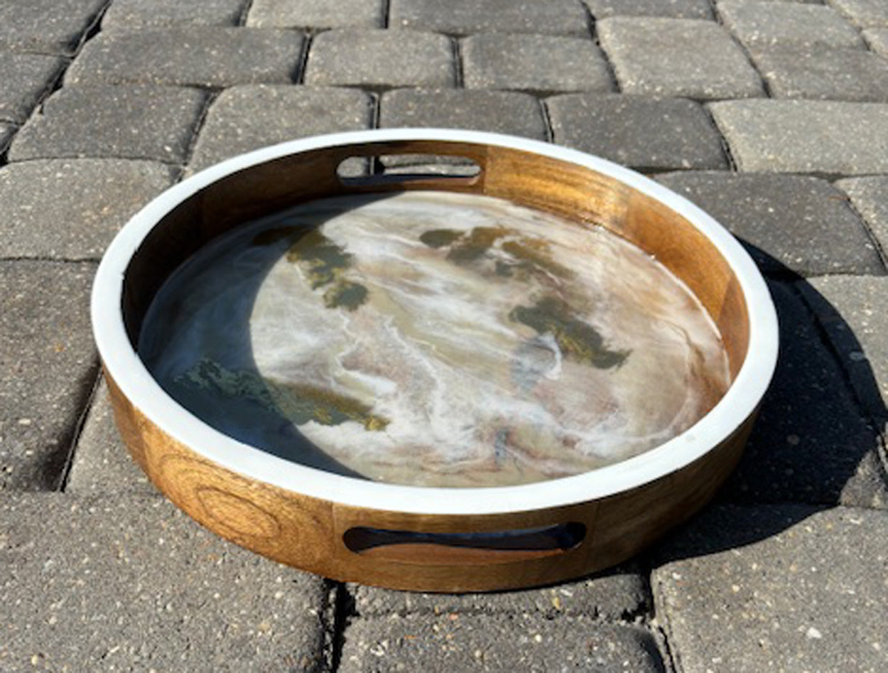 Elegant Round Wood Tray, Soft White and Gold With Floating Gold Resin
