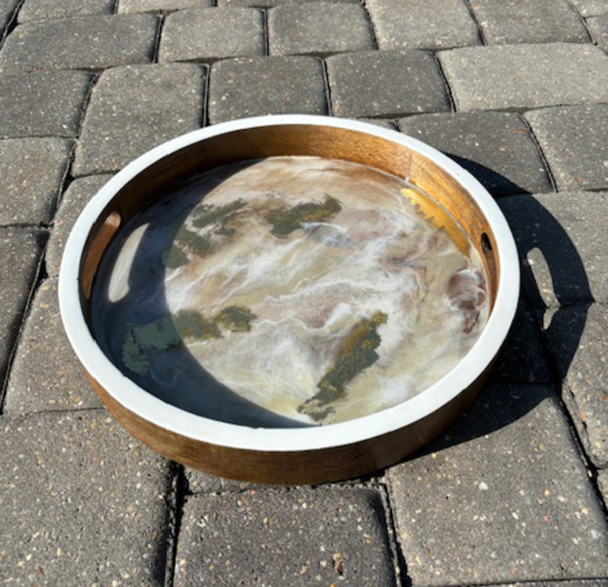 Elegant Round Wood Tray, Soft White and Gold With Floating Gold Resin