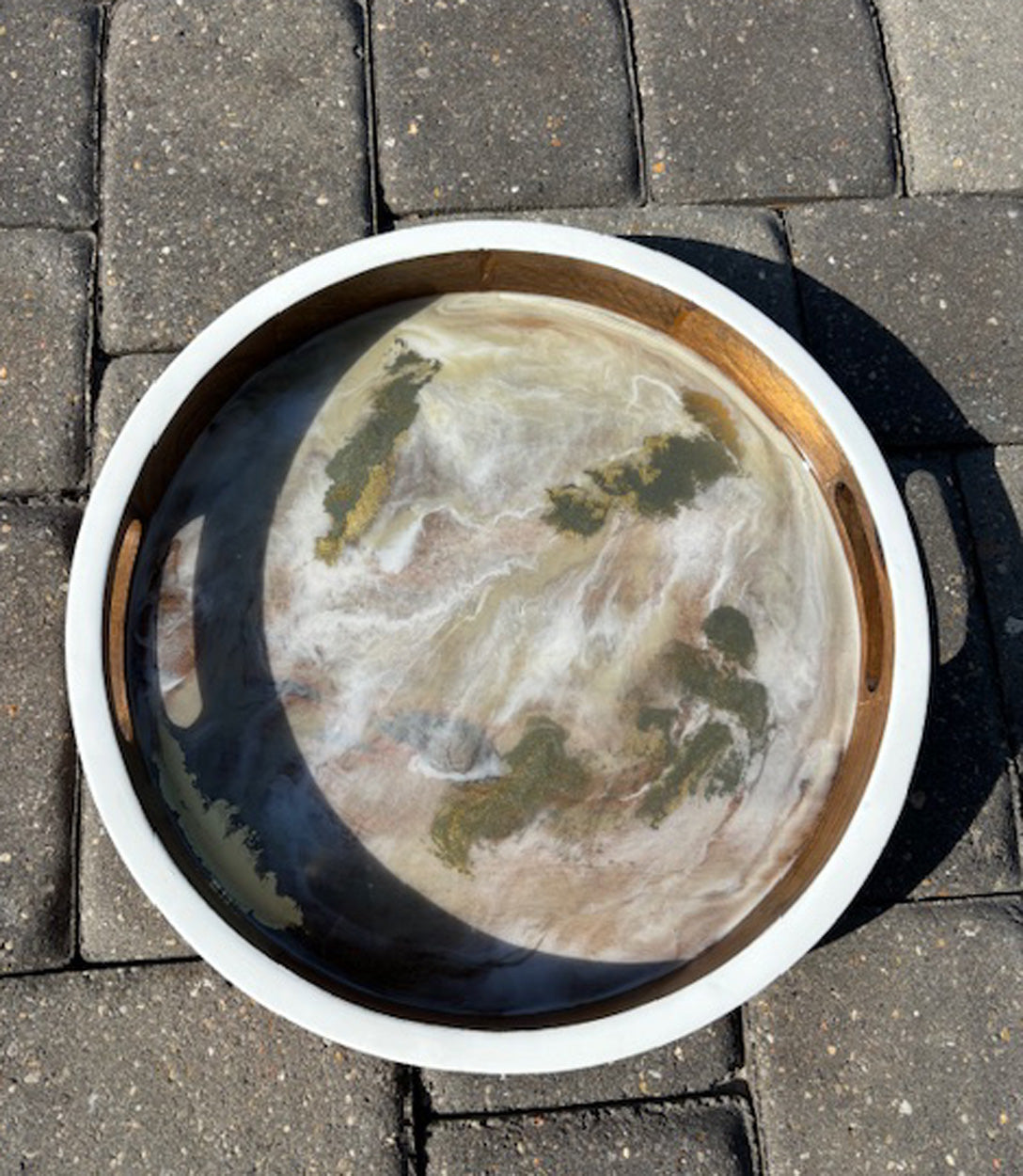 Elegant Round Wood Tray, Soft White and Gold With Floating Gold Resin