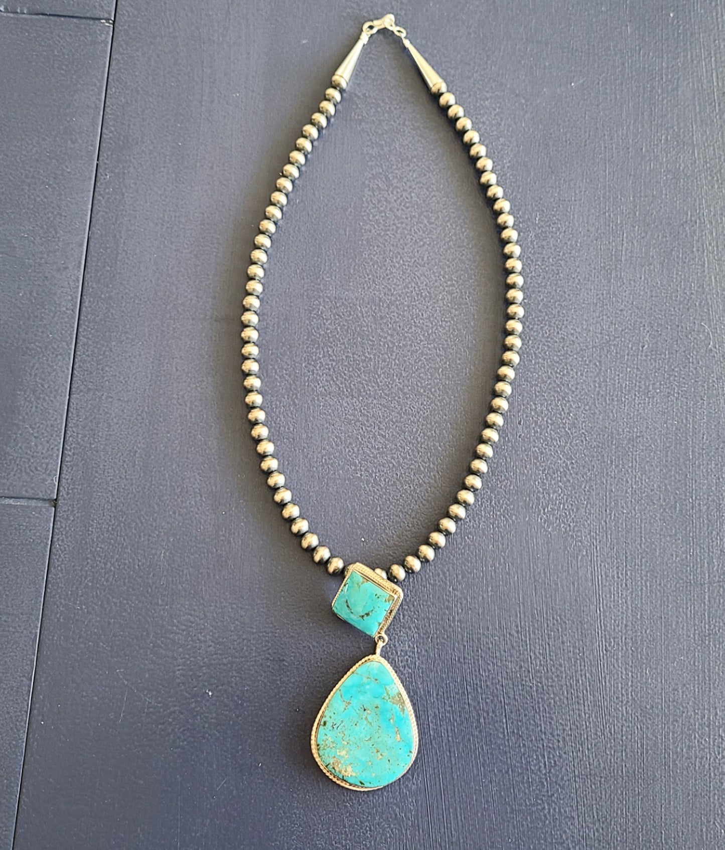 Two Stone Kingman Turquoise Necklace, Sterling Silver, Navajo