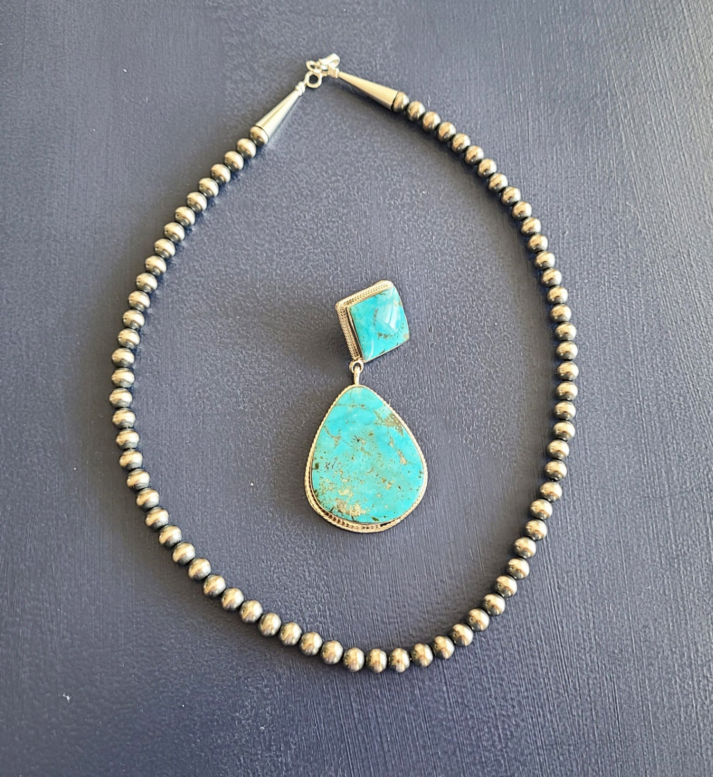 Two Stone Kingman Turquoise Necklace, Sterling Silver, Navajo