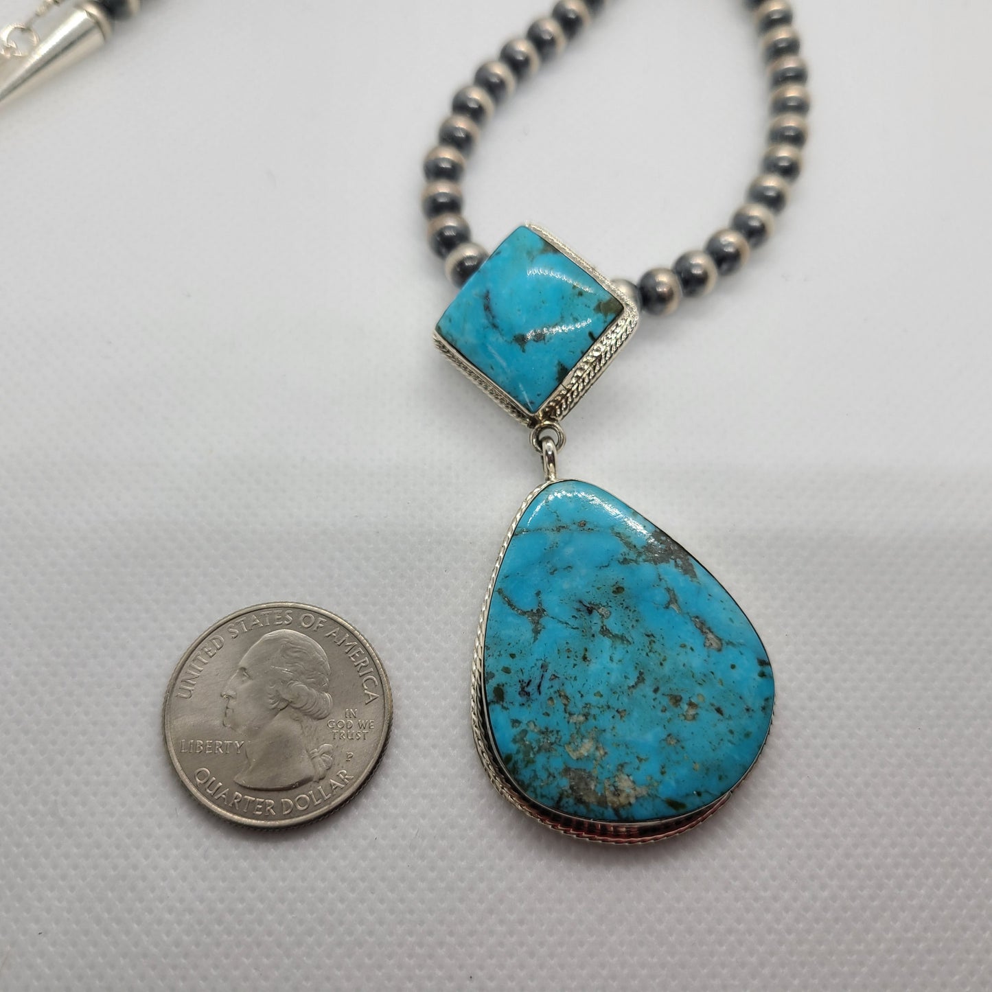 Two Stone Kingman Turquoise Necklace, Sterling Silver, Navajo