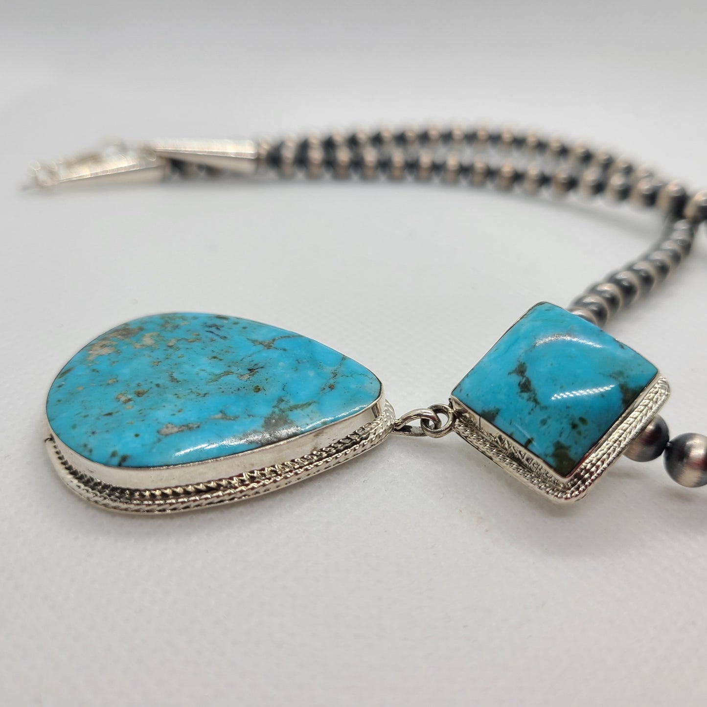 Two Stone Kingman Turquoise Necklace, Sterling Silver, Navajo