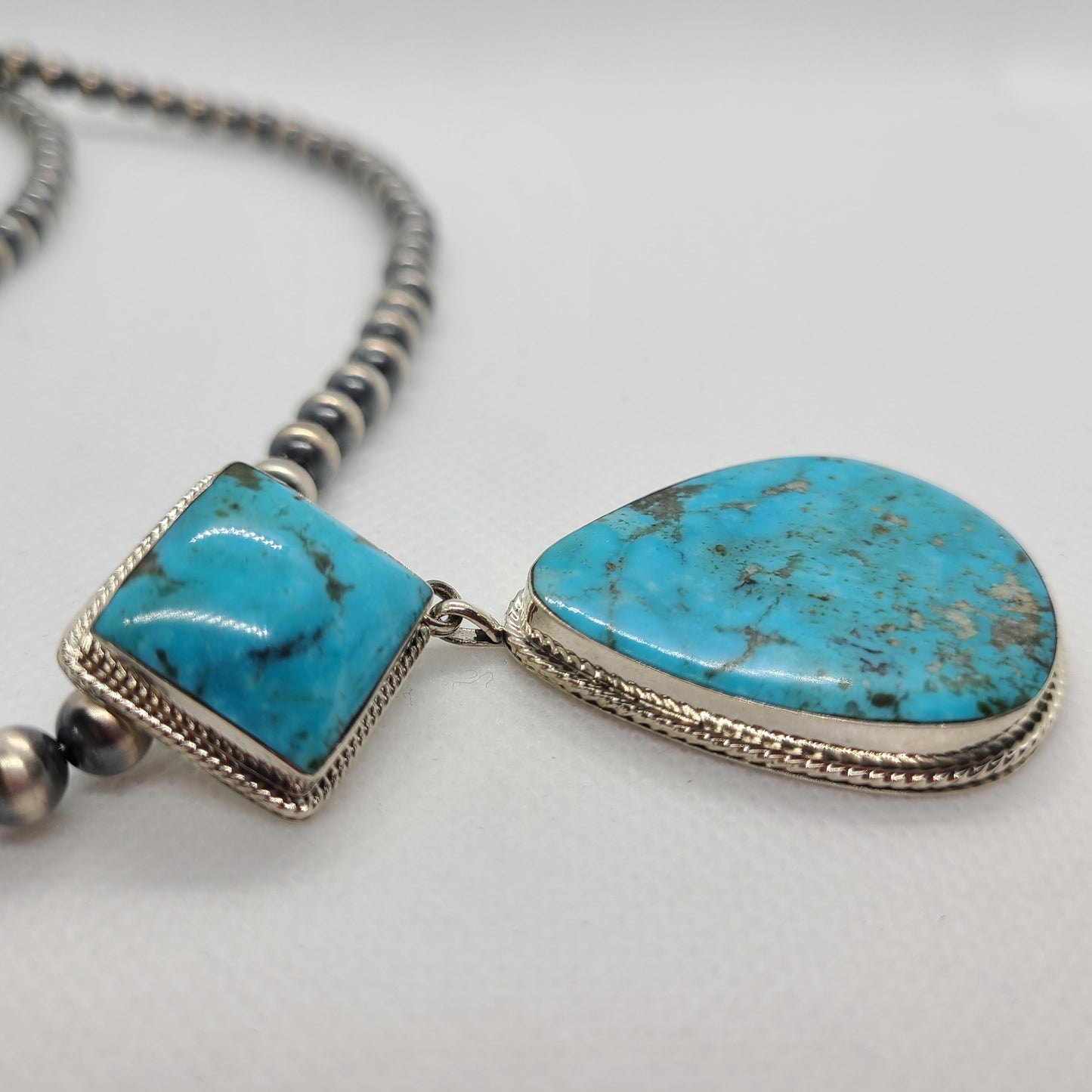 Two Stone Kingman Turquoise Necklace, Sterling Silver, Navajo