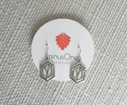 Sterling Silver earring on Sterling French Hooks. Intricate design is patterned after Frank Lloyd Wright stained glass window pane. 1.18 inches long