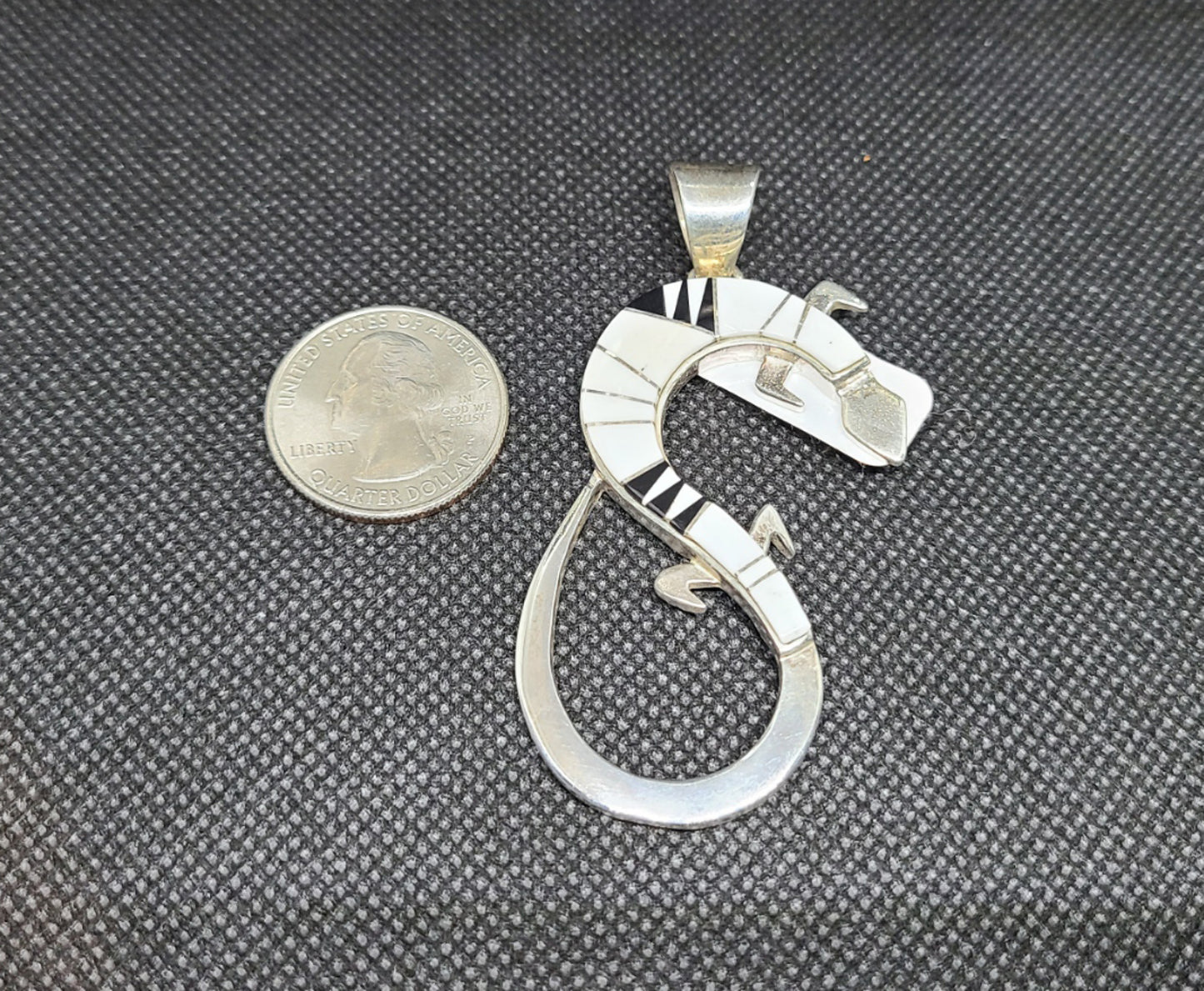 Large Lizard Sterling Silver Pendant, Inlay, White Buffalo, Onyx
