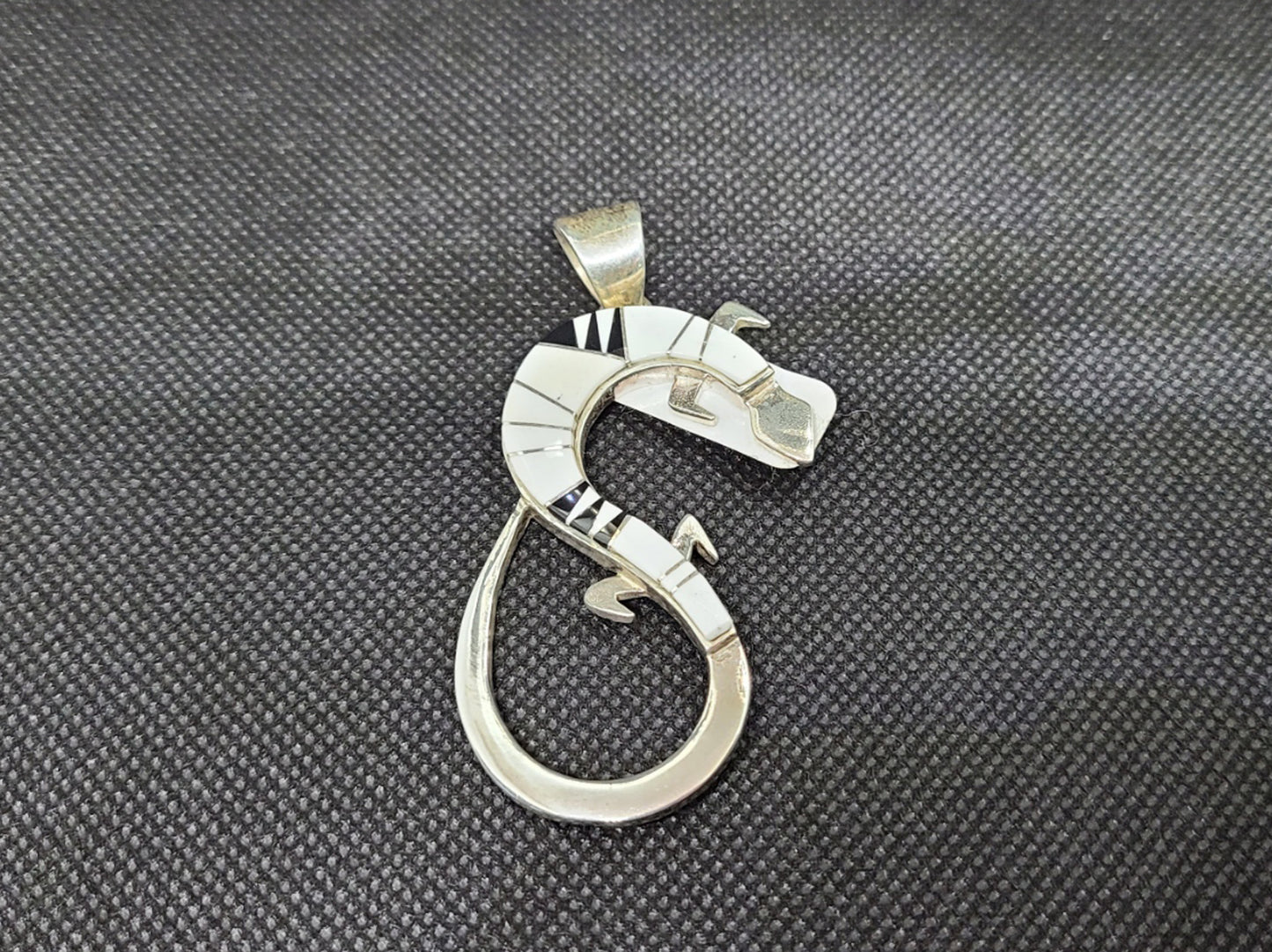 Large Lizard Sterling Silver Pendant, Inlay, White Buffalo, Onyx