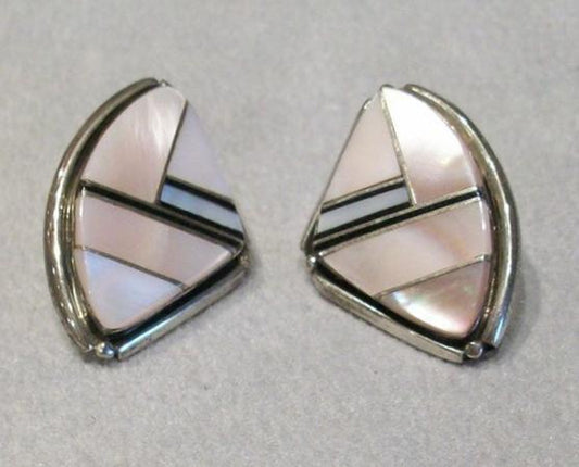 Inlay Pink Mussel Shell and Mother of Pearl Earrings set in Sterling Silver. Stud Style.