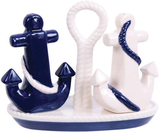 This is a beautiful navy and white salt and pepper set. Shakers are shaped like anchors and sit on an oval tray with a ceramic rope for a handle between them. All Ceramic