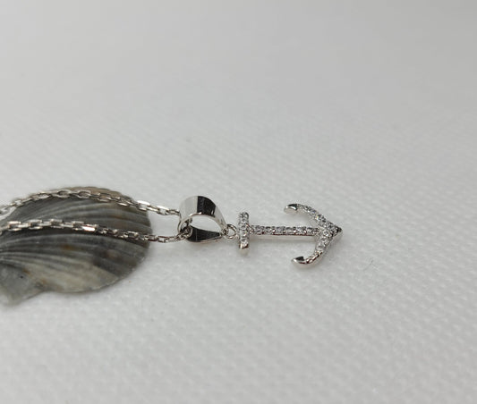 Sterling Silver Anchor With CZ Necklace