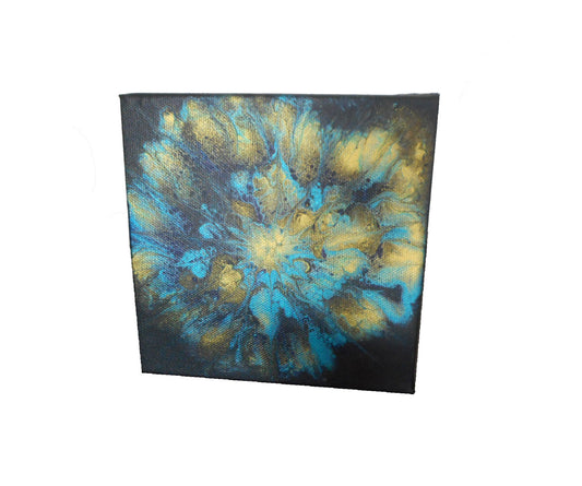 6x6 x1 Canvas Metallic Blues and Gold on black. Looks like a sea anemone or looking up into a jellyfish. Can sit on shelf or be hung.