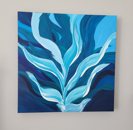 Water Dance, Aquatic Plants Dancing Underwater, Turquoise, Blue and White Original Wall Art