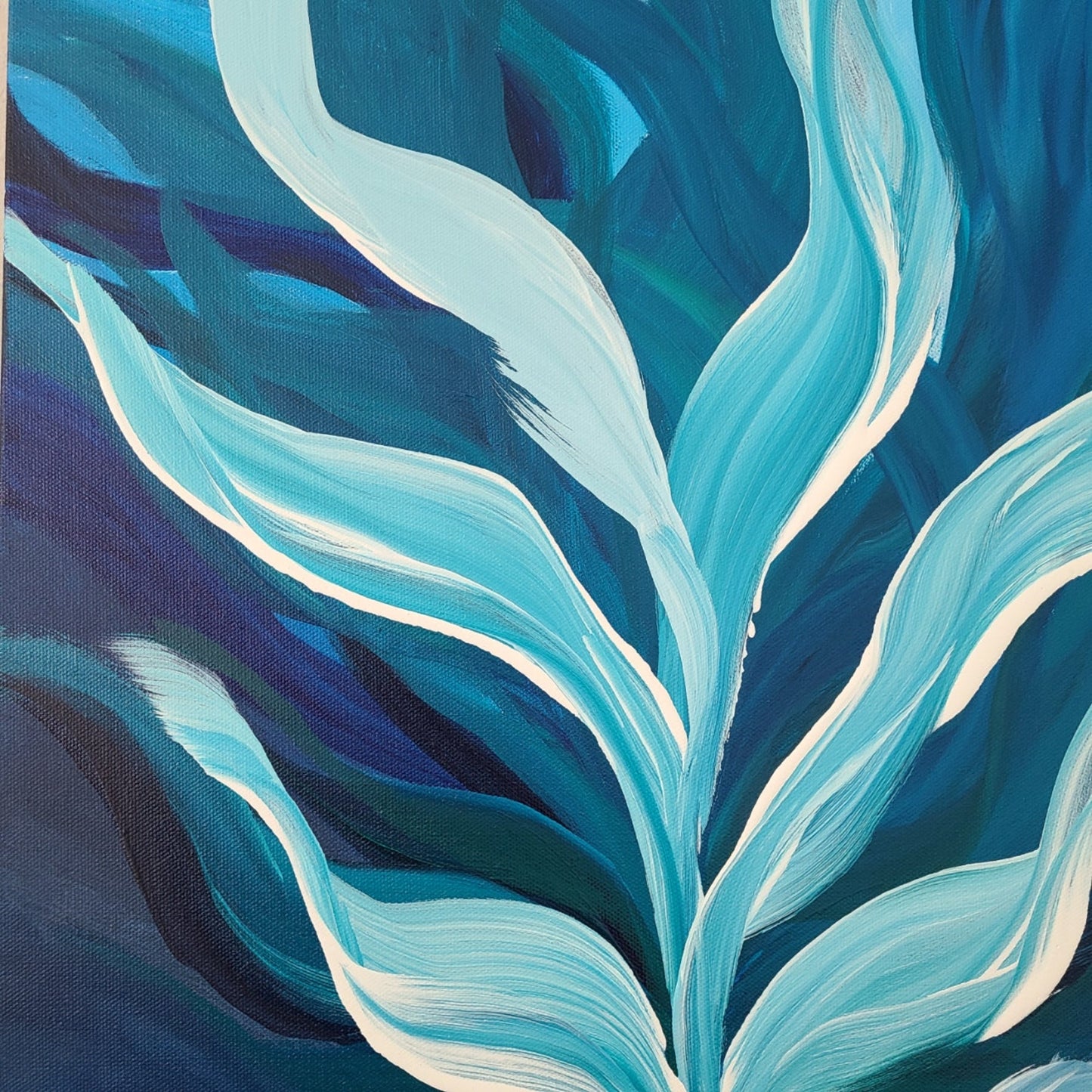 Water Dance, Aquatic Plants Dancing Underwater, Turquoise, Blue and White Original Wall Art