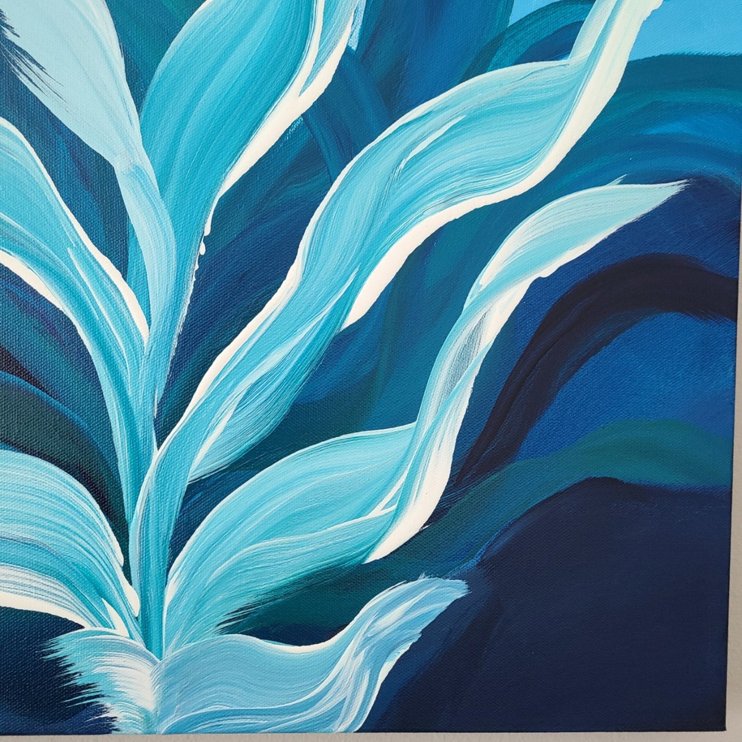 Water Dance, Aquatic Plants Dancing Underwater, Turquoise, Blue and White Original Wall Art