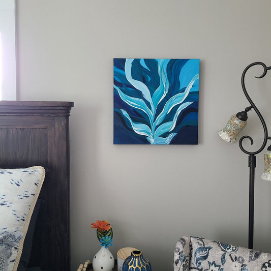 Water Dance, Aquatic Plants Dancing Underwater, Turquoise, Blue and White Original Wall Art