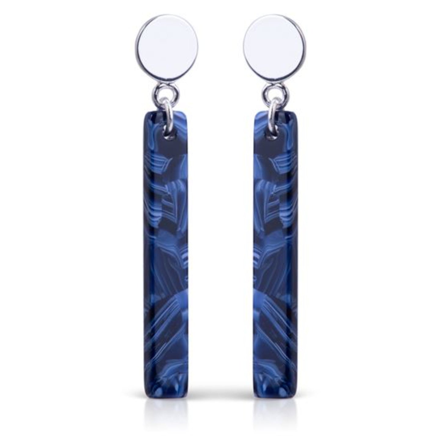 New! Lightweight earrings are made of Acetate and Sterling Silver Plating and Surgical Steel posts. No polishing required. Round stud. Beautiful shades of navy and blues in a Bar Drop design. Handmade so no two are like. Comes with disc back and rubber back. The first photo is a stock picture, the others are of the actual earring for sale. Approximate length: From stud about 1.50 inches