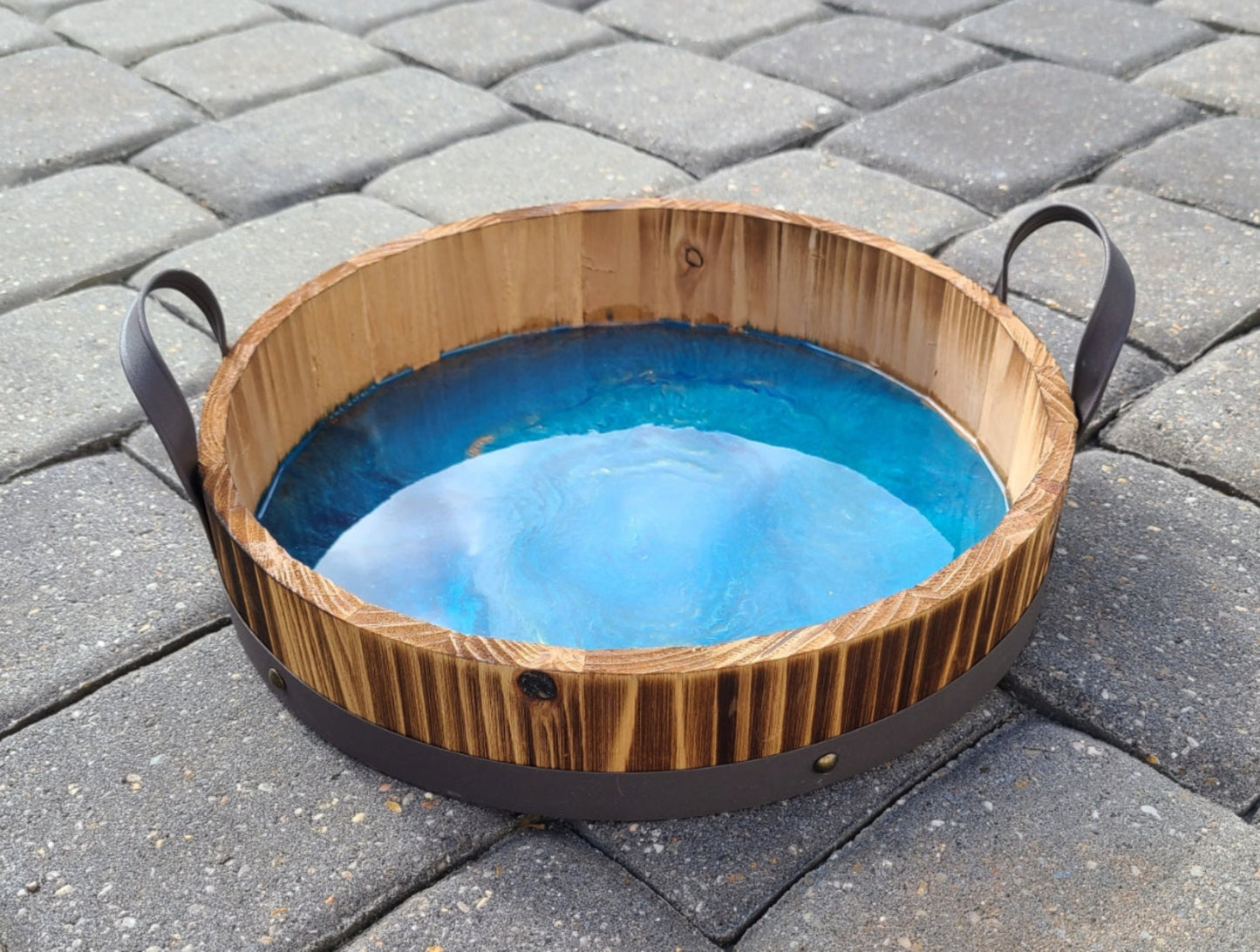 Man Cave Serving Tray, Rustic Barrel Look, Blue Water Resin
