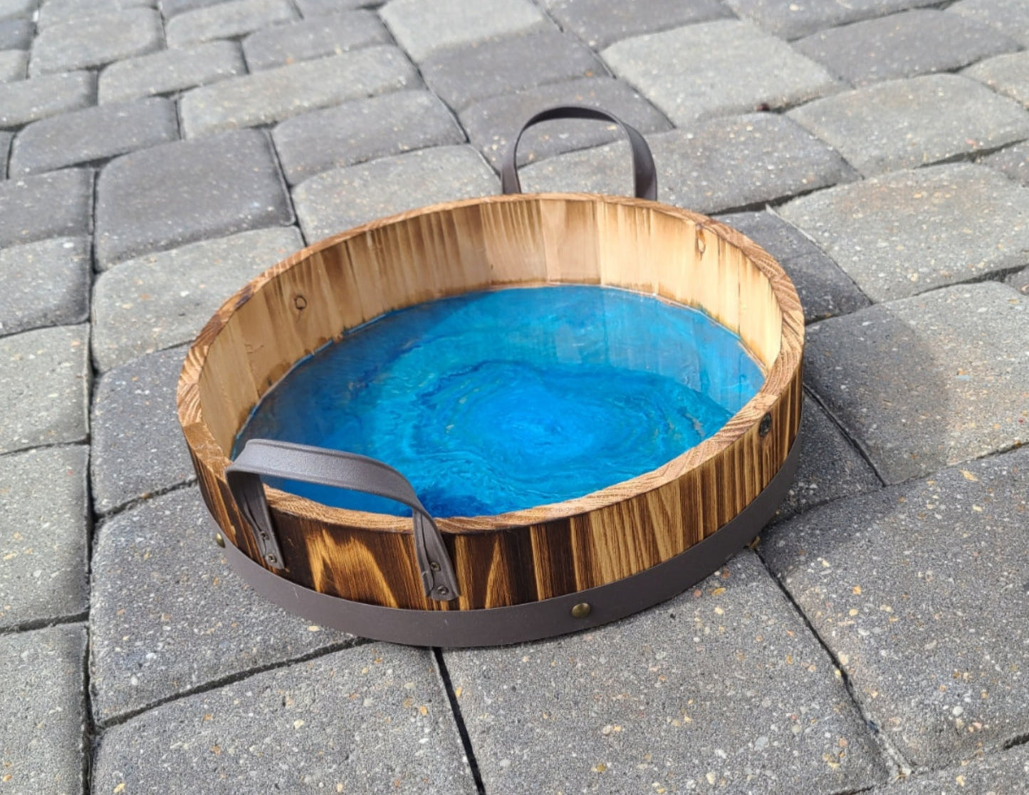 Man Cave Serving Tray, Rustic Barrel Look, Blue Water Resin