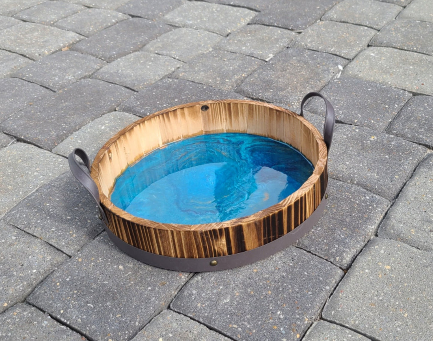 Man Cave Serving Tray, Rustic Barrel Look, Blue Water Resin