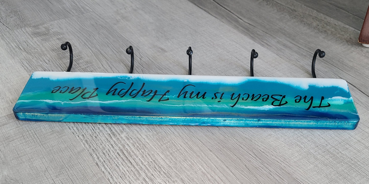 The Beach is my Happy Place Towel Rack, Wood, Resin and Metal