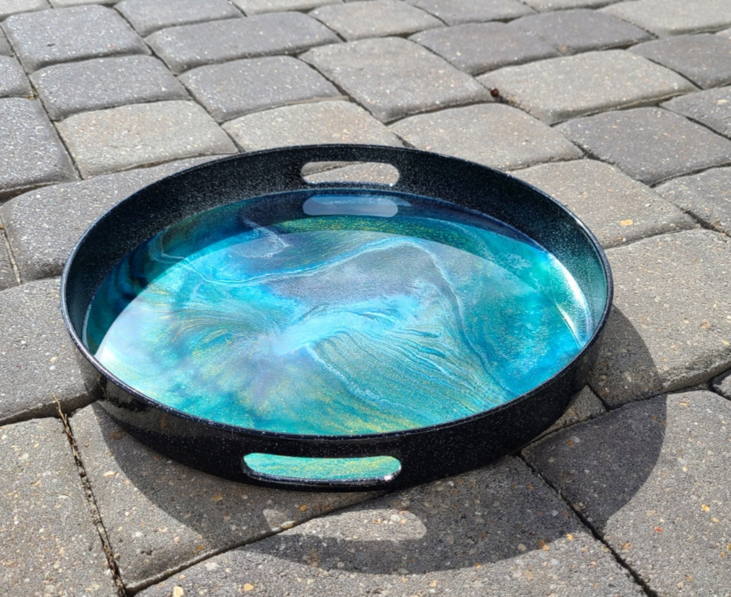 Black Sparkling Serving Tray, Blue, Gold and Green Resin