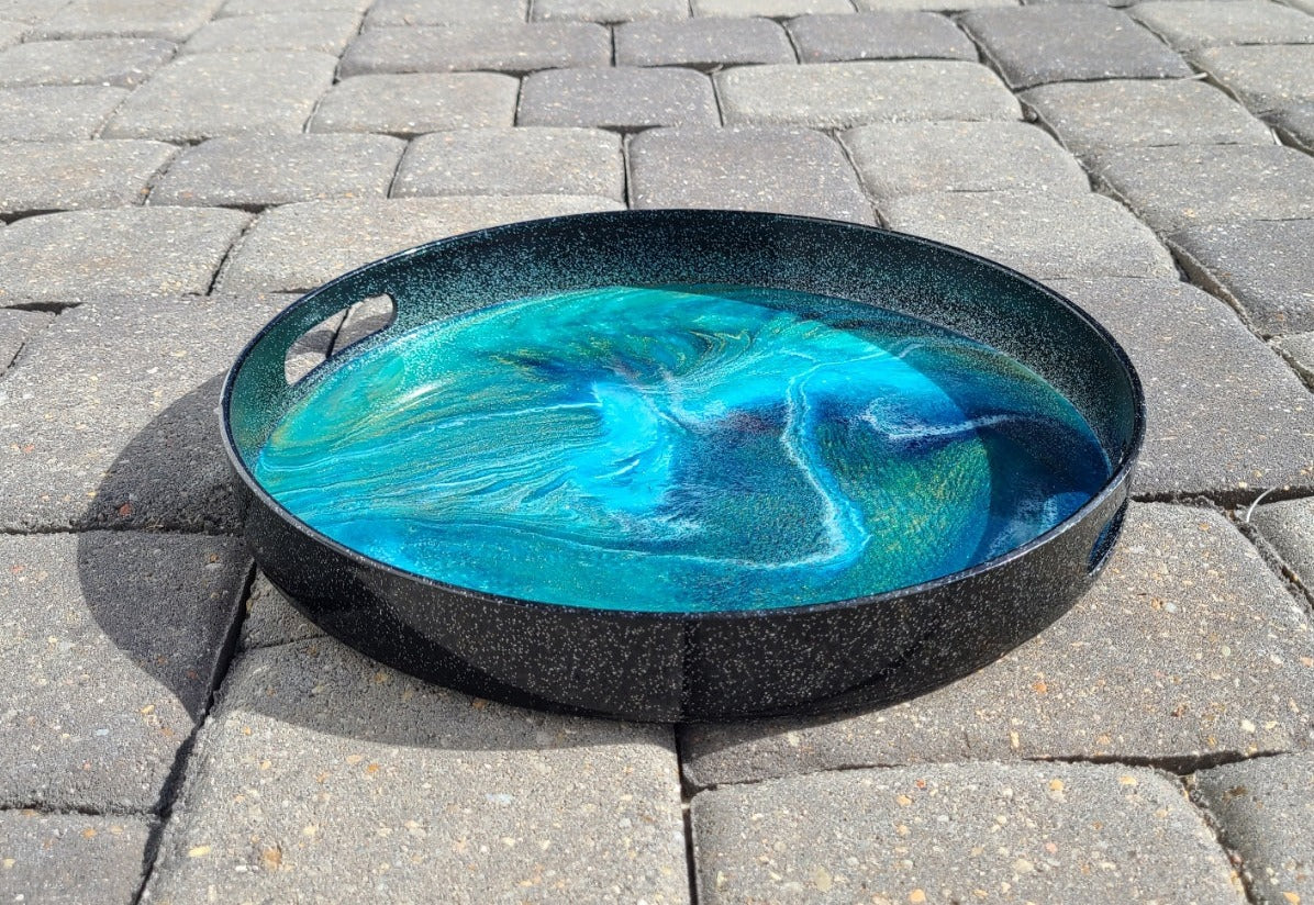 Black Sparkling Serving Tray, Blue, Gold and Green Resin