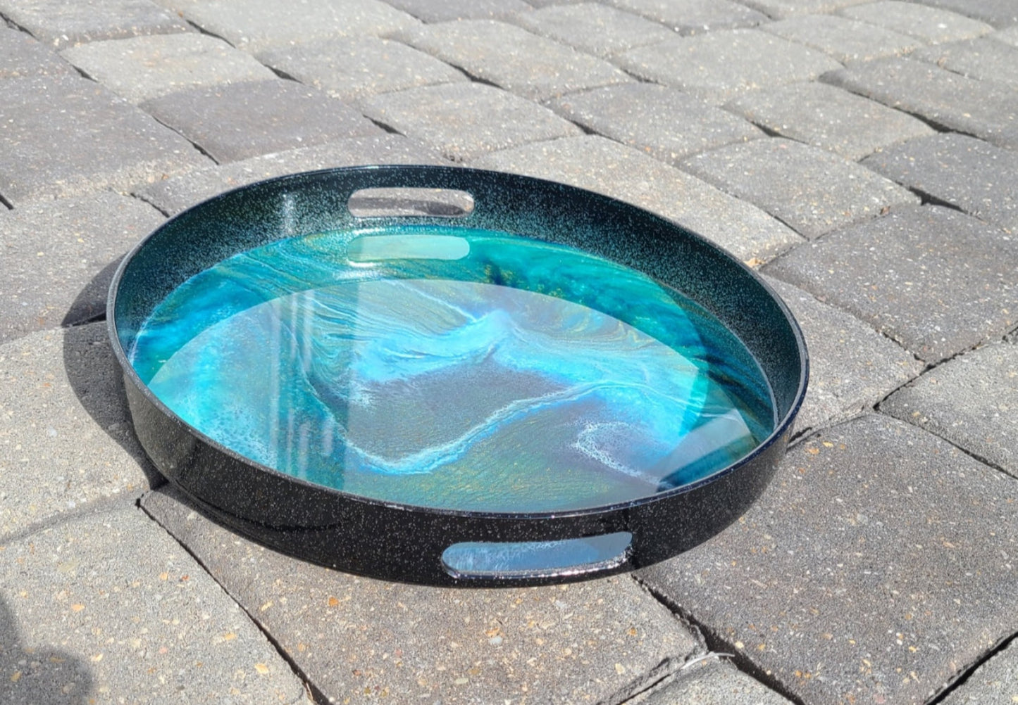 Black Sparkling Serving Tray, Blue, Gold and Green Resin