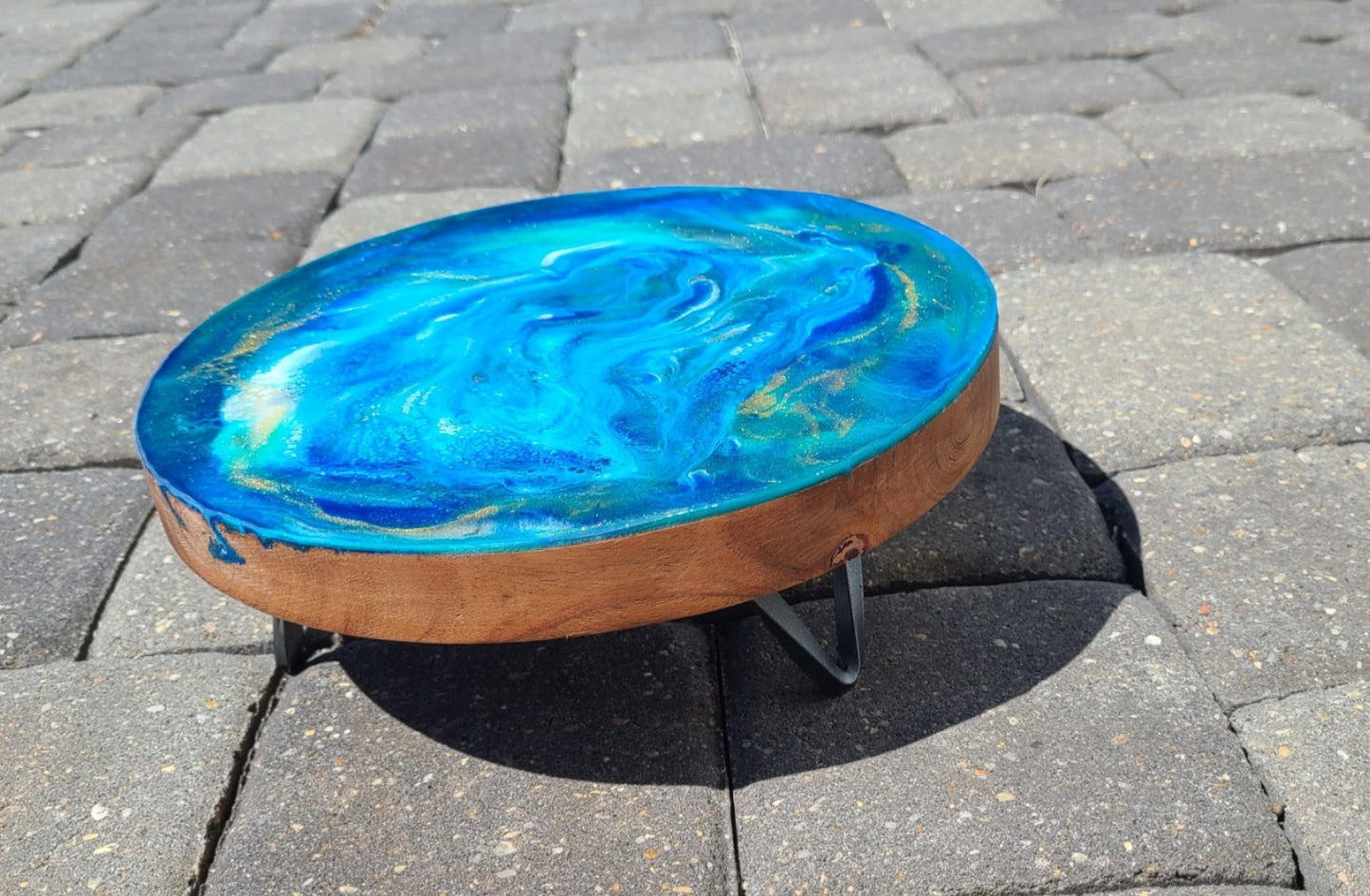 Display Stand or Trivet, Metal Legs, Blue and Gold Swirling Waters