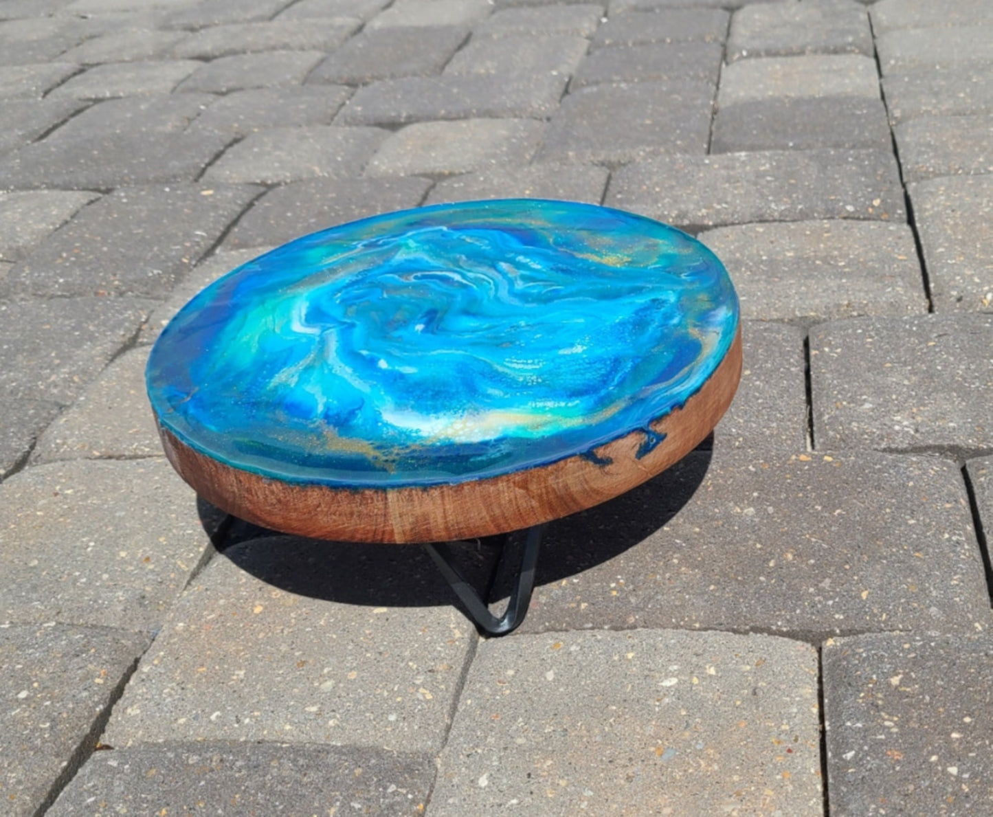 Display Stand or Trivet, Metal Legs, Blue and Gold Swirling Waters